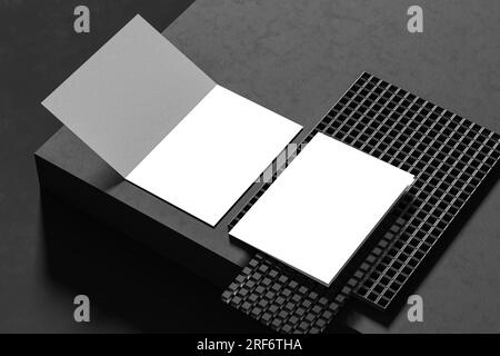Modello di brochure a piegatura doppia isolato su sfondo scuro. Illustrazione 3D. Foto Stock