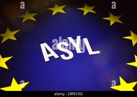 EU-Fahne mit Aufschrift Asyl Foto Stock