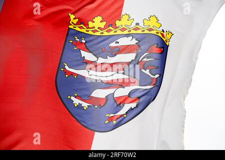 Wehende Fahne des deutschen Bundeslandes Hessen Foto Stock