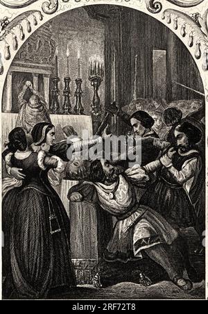 La congiura dei pazzi. La cospirazione (complot ou conjuration) des Pazzi. Le dimanche 26 avril 1478, a Firenze, une echauffouree se produit pendant la messe dans la cathedrale de Florence (Duomo santa Maria del Fiore). Elle se solde par la mort de Julien de Medicis (Giuliano de Medici) (1453-1478). Gravure pour illustrer Histoire des papes par Maurice Lachatre (1814-1900), librairie du progres, Parigi. Foto Stock