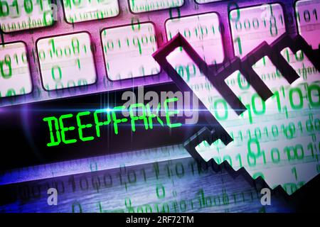 FOTOMONTAGE, Computertaste mit der Aufschrift deepfake Foto Stock
