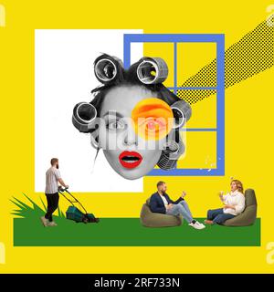 Giovani in visita psicologo, prendersi cura dopo la salute mentale con attività diverse. Progettazione concettuale. Collage d'arte contemporanea. Foto Stock