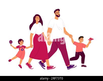 Famiglia felice che cammina insieme. Madre, padre e figli, figlia e figlio trascorrono del tempo insieme. Famiglia amorevole e relazioni calde Foto Stock