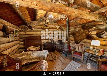 La cabina di Carter, l'interno girato Old Trail Town, Cody, Wyoming, Stati Uniti d'America Foto Stock