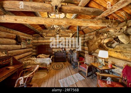 La cabina di Carter, l'interno girato Old Trail Town, Cody, Wyoming, Stati Uniti d'America Foto Stock