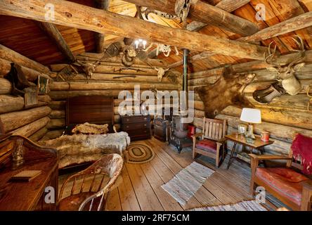 La cabina di Carter, l'interno girato Old Trail Town, Cody, Wyoming, Stati Uniti d'America Foto Stock