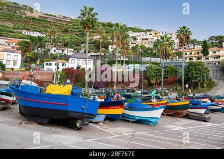 bunte Fischerboote im Hafen von Camara de Lobos, Funchal, Insel Madeira, Portogallo Foto Stock