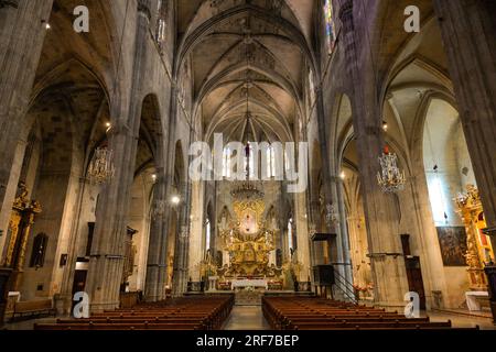 Hauptschiff mit Hochaltar, Kirche Santa Eulalia, Palma, Mallorca, Spanien Foto Stock