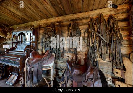 Monument Hill Homestead Cabin, foto interne Old Trail Town, Cody, Wyoming, Stati Uniti d'America Foto Stock