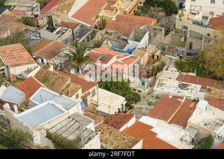 Wohnhäuser, enge Gassen, Anafiotika-Viertel, Altstadt, Athen, Griechenland Foto Stock