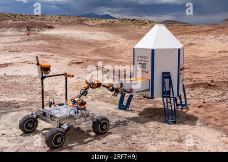 Il Rover Project Scorpio Mars lavora sul Mars Lander nell'University Rover Challenge. Mars Desert Research Station, Utah. Wroclaw University of Foto Stock