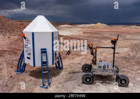 Il Rover Project Scorpio Mars lavora sul Mars Lander nell'University Rover Challenge. Mars Desert Research Station, Utah. Wroclaw University of Foto Stock