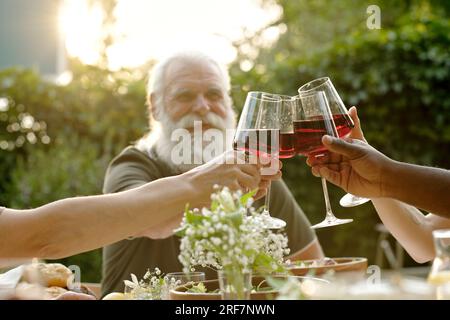 Concentrati su diversi tipi di occhiali da vista con vino rosso durante il brindisi celebrativo dei membri della famiglia al tavolo servito con cibo fatto in casa per cena Foto Stock