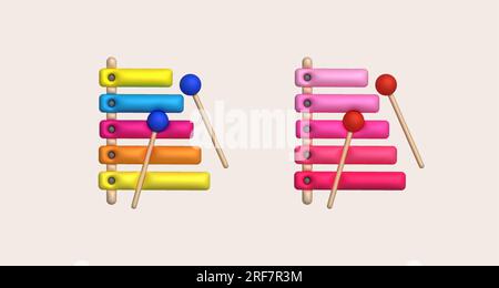 Icona 3d.simpatico giocattolo xilofono, strumento musicale per bambini.stile minimalista. Illustrazione Vettoriale