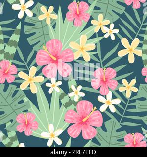 Foglie tropicali e fiori motivi senza cuciture, disegni vettoriali colorati disegnati a mano Illustrazione Vettoriale