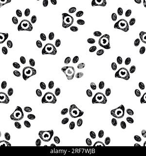 Stampe Doodle con zampa nera e cuori neri senza cuciture motivo ripetuto Illustrazione Vettoriale