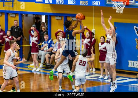 Un giocatore dell'Hammond Bishop Noll Institute va a segno un tiro contro i Central Noble High School Cougars in una partita di basket a North Judson, Indiana. Foto Stock