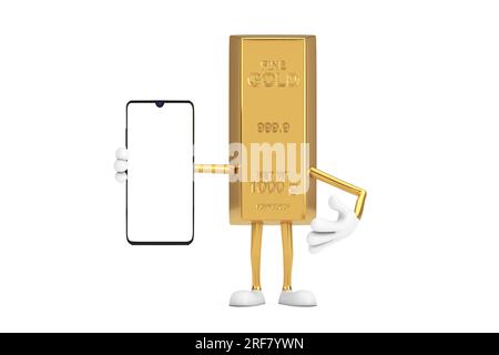 Personaggio personaggio personaggio personaggio fumetto Golden Bar Mascotte e moderno telefono cellulare con schermo vuoto per il tuo design su sfondo bianco. Rendering 3D. Foto Stock