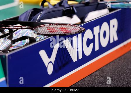 Sydney, Australia. 1 agosto 2023. I giocatori racquets riposano sopra la segnaletica dello sponsor durante il giorno 1 del Sathio Group Australian Open 2023 al Quaycenter il 1° agosto 2023 a Sydney, Australia credito: IOIO IMAGES/Alamy Live News Foto Stock