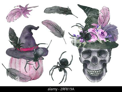 Set di elementi per Halloween. Collezione vintage nera e rosa in stile acquerello Foto Stock