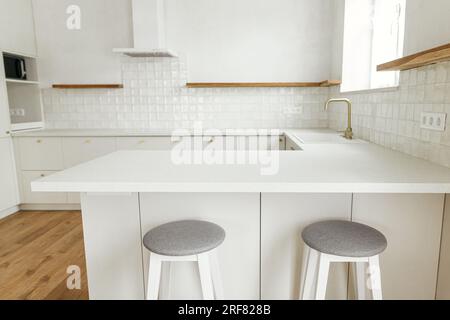 Cucina dal design moderno e minimalista. Eleganti armadi da cucina bianchi con pomelli in ottone, rubinetto, isola di granito, scaffali in legno ed elettrodomestici in un nuovo scandinav Foto Stock