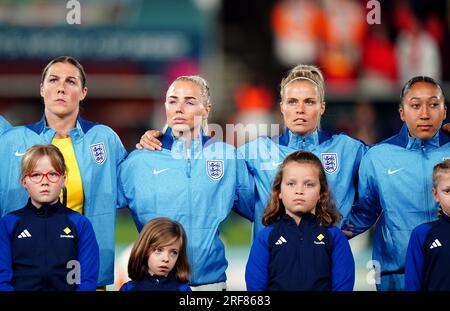 La portiere inglese Mary Earps, Alex Greenwood, Rachel Daly e Lauren James durante la Coppa del mondo femminile FIFA 2023, gruppo D, partita all'Hindmarsh Stadium, Adelaide, Australia. Data foto: Martedì 1 agosto 2023. Foto Stock