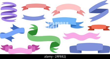 Collezione di nastri per striscioni piatti disegnati a mano. Nastri decorativi a spirale vintage. Illustrazione Vettoriale