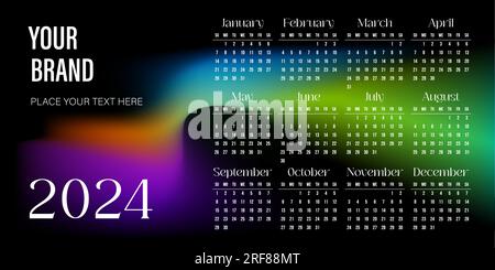 Modello Calendario orizzontale 2024, design scuro con sfumatura di colore neon arcobaleno su nero Illustrazione Vettoriale
