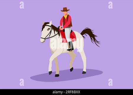 Disegno in stile cartoon piatto con silhouette da cowboy stilizzata che cavalca a cavallo al tramonto. Forte e coraggioso eroe del selvaggio West, Mustang e persona all'aperto, cowboy A. Foto Stock