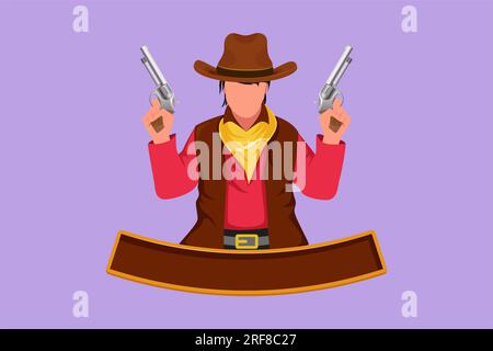 Disegno piatto del personaggio di cowboy americani stilizzati che reggono e alzano le sue due pistole. Vecchio pistolero del selvaggio West con due pistole. Armi d'epoca per Foto Stock