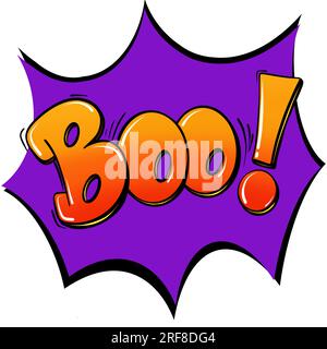 Illustrazione della clip art di Halloween con la parola Boo in lettere gialle/arancioni su sfondo viola Foto Stock