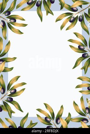 Modello A4 rettangolare per testo con rametti e foglie di ulivo. Cornice o bordo con motivi botanici. Illustrazione per un matrimonio romantico Foto Stock