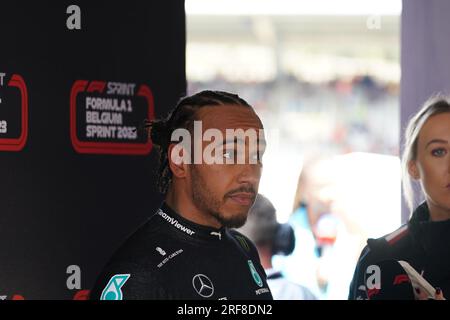 Lewis Hamilton del Regno Unito alla guida del (44) Mercedes-AMG Petronas F1 Team F1 W14 e Performance Mercedes durante il Gran Premio del Belgio 2023 di Formula 1 MSC Cruises il 30 luglio 2023 a Francorchamps, in Belgio. Foto Stock