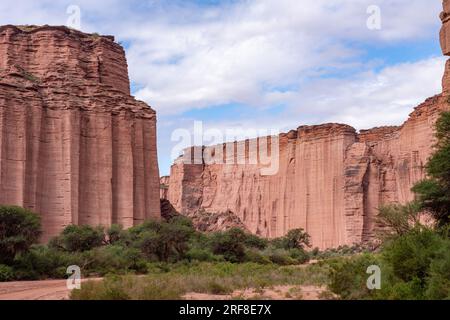 Scogliere di arenaria rossa della formazione Talampaya nella gola di Talampaya nel Parco Nazionale di Talampaya, Argentina. Foto Stock