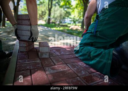 Un lavoratore inserisce le pietre di pavimentazione e l'altro le poggia in modo uniforme e preciso. Foto Stock