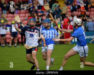 New York in azione contro Pearse og di San Francisco nella finale GAA 2023 World Games Hurling International a Celtic Park, Derry, il 28 luglio 2023. Foto: George Sweeney/Alamy Foto Stock