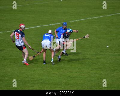 New York in azione contro Pearse og di San Francisco nella finale GAA 2023 World Games Hurling International a Celtic Park, Derry, il 28 luglio 2023. Foto: George Sweeney/Alamy Foto Stock