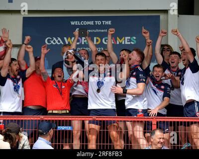 New York festeggia la vittoria su Pearse og San Francisco nella finale GAA 2023 World Games Hurling International a Celtic Park, Derry. Foto: George Sweeney/Alamy Foto Stock