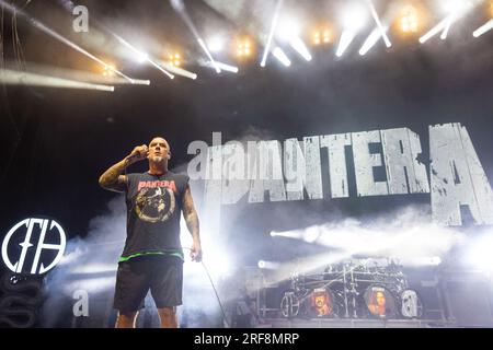 Milwaukee, USA. 31 luglio 2023. Phil Anselmo di Pantera all'American Family Insurance Amphitheatre il 31 luglio 2023, a Milwaukee, Wisconsin (foto di Daniel DeSlover/Sipa USA) credito: SIPA USA/Alamy Live News Foto Stock