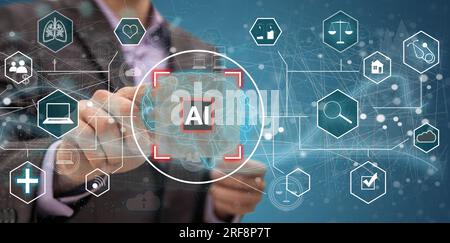 Concetto di tecnologia dell'informazione digitale. Uomo d'affari che tocca l'icona dell'intelligenza artificiale. Concetto di chatbot e intelligenza artificiale. Foto Stock