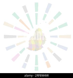Mauritius Sunburst. Basse razze a strisce poly e mappa dell'isola. Illustrazione vettoriale di raffreddamento. Illustrazione Vettoriale