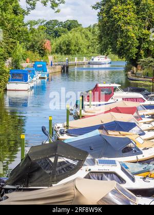 Piccole imbarcazioni Mored, Goring Lock, Tamigi, Goring-on-Thames, Oxfordshire, Inghilterra, Regno Unito, Regno Unito. Foto Stock