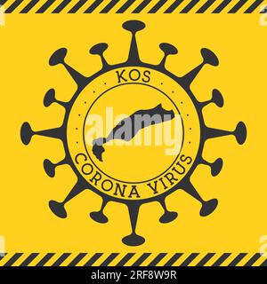 Corona virus nel segno di Kos. Badge rotondo con forma di virus e mappa di Kos. Francobollo giallo dell'epidemia dell'isola. Illustrazione vettoriale. Illustrazione Vettoriale