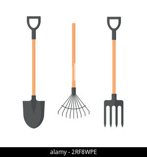 Icona di pala e rastrello e forca di lancio o cartello isolato su sfondo bianco. progettazione di strumenti per il giardinaggio. illustrazione vettoriale. Illustrazione Vettoriale