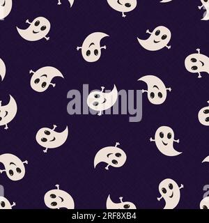 Fantasia vettoriale senza cuciture, crema halloween bianca, simpatici fantasmi su viola scuro, tessuto, album di ritagli. Illustrazione vettoriale Illustrazione Vettoriale
