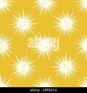 Motivo vettoriale senza cuciture sonnolente sorridente bianco sole su giallo, senza cuciture. Illustrazione vettoriale Illustrazione Vettoriale