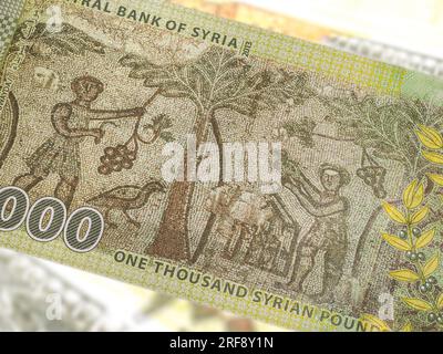 Un primo piano di una banconota siriana da 1000 sterline rivela un'arte e un design complessi. In mezzo ai tumulti del paese, mostra monumenti storici, simboli Foto Stock