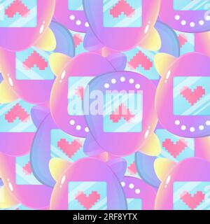 Tomagotchi nostalgia pattern 00s , 2000, illustrazione vettoriale su sfondo bianco isolato. Illustrazione Vettoriale
