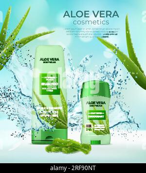 Cosmetici Aloe vera. Deodorante e shampoo con spruzzi d'acqua. Banner pubblicitari vettoriali realistici per prodotti di bellezza e per la pelle alle erbe. Tubi cosmetici estivi con schizzi rinfrescanti di piante e liquidi Illustrazione Vettoriale