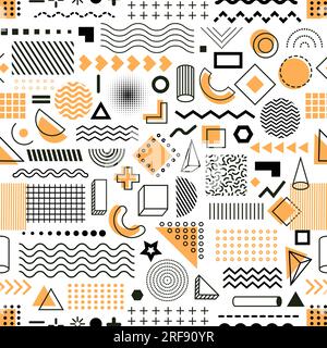 Motivo geometrico senza cuciture Memphis. Stampa tessile, sfondo vettoriale in tessuto con motivo geometrico, sfondo originale senza cuciture. Carta confezionata con linee colorate, moduli e simboli Memphis Illustrazione Vettoriale